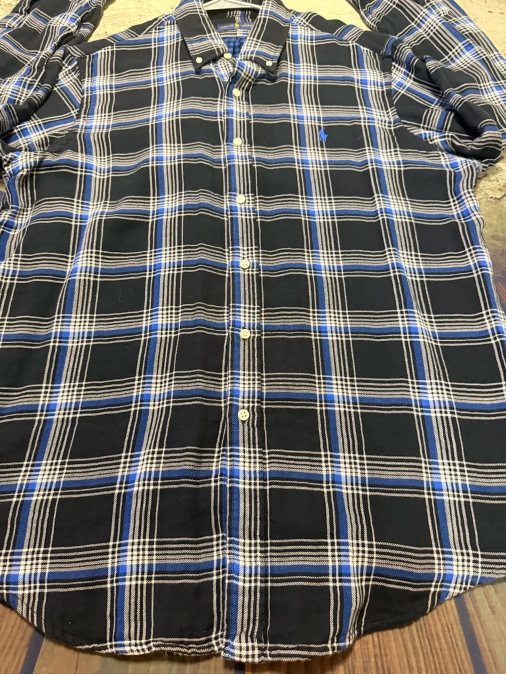 Polo by Ralph Lauren Men’s Double Faced Black Plaid Shirt with Blue & White